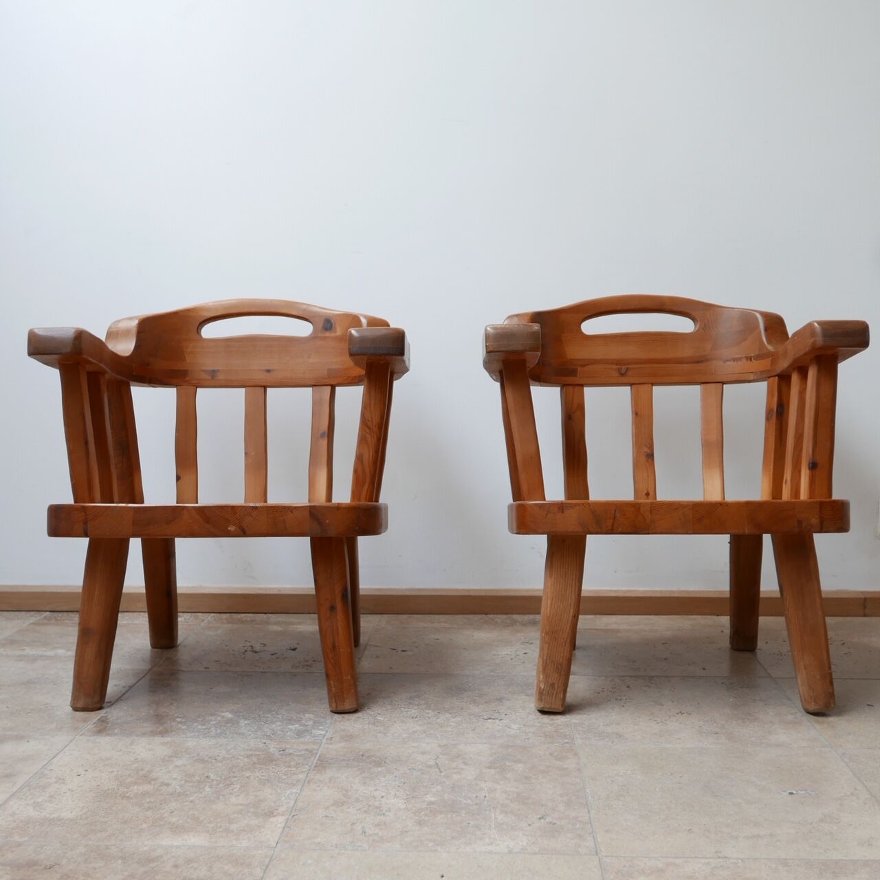 Pair of danish solid pine mid-century organic easy armchairs
