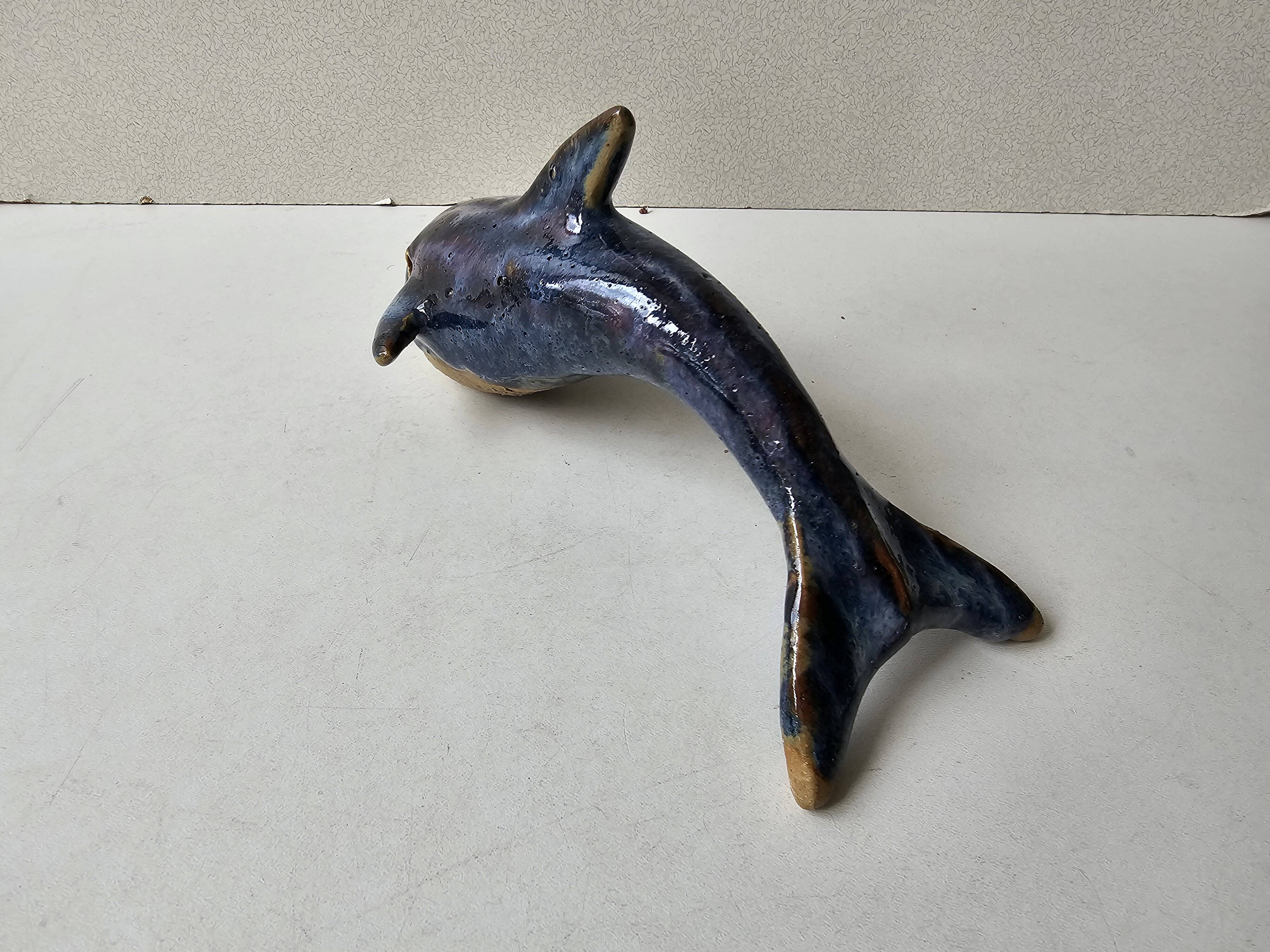 Signed blue ceramic dolphin sculpture (Signature to be identified)