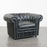Black cowhide leather chesterfield armchair