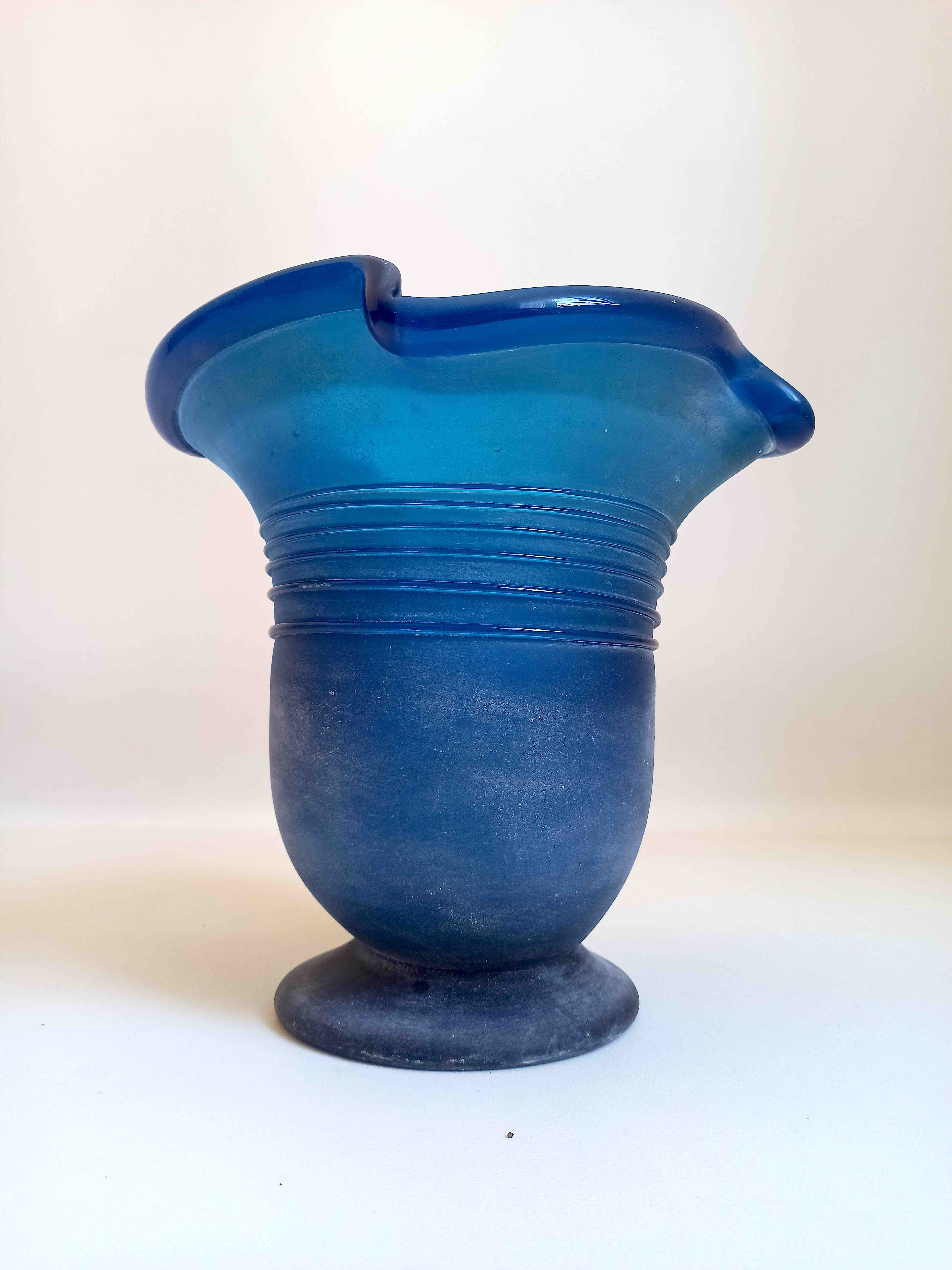 Vase glass Murano frosted blue 70s Height 28.5 cm