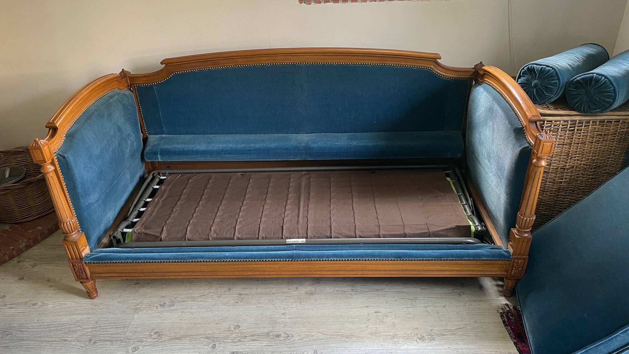Jean Roche Vintage Wood and Velvet Sofa