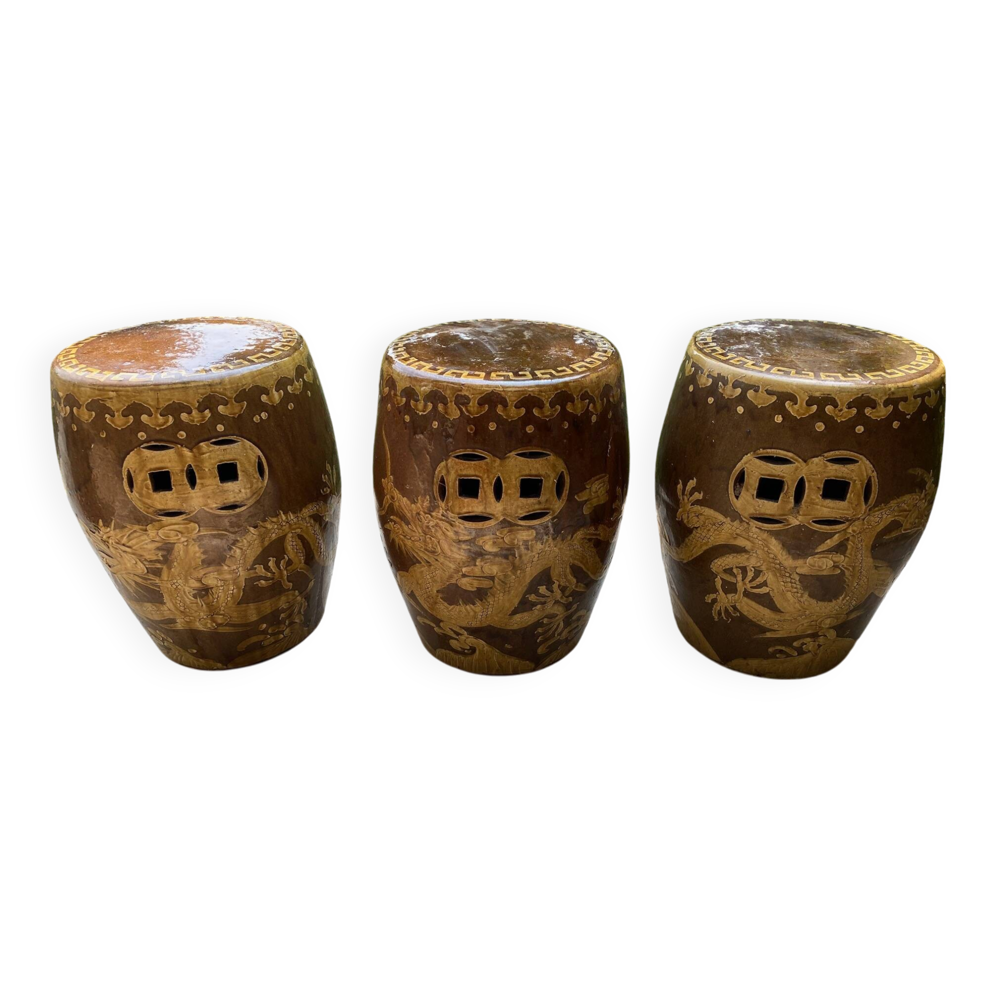 3 ceramic dragon stools
