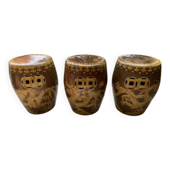 3 ceramic dragon stools