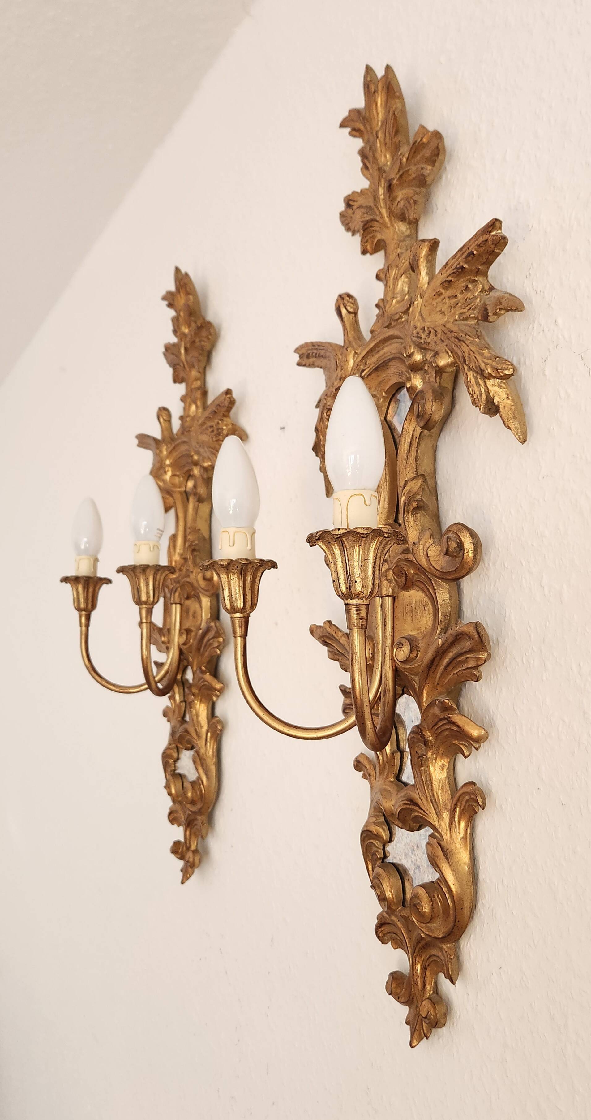 Louis XVI wall lamps Rocaille gilded carved wood antique mirror glass