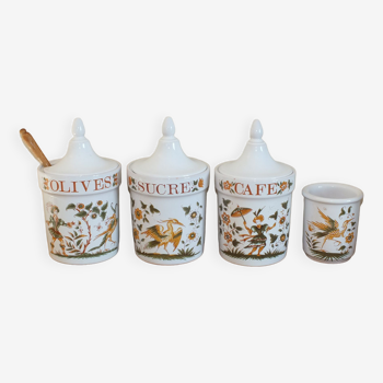 4 spice jars decoration Moustiers in earthenware by Desvres, Gabriel Fourmaintraux