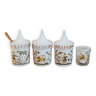 4 spice jars decoration Moustiers in earthenware by Desvres, Gabriel Fourmaintraux