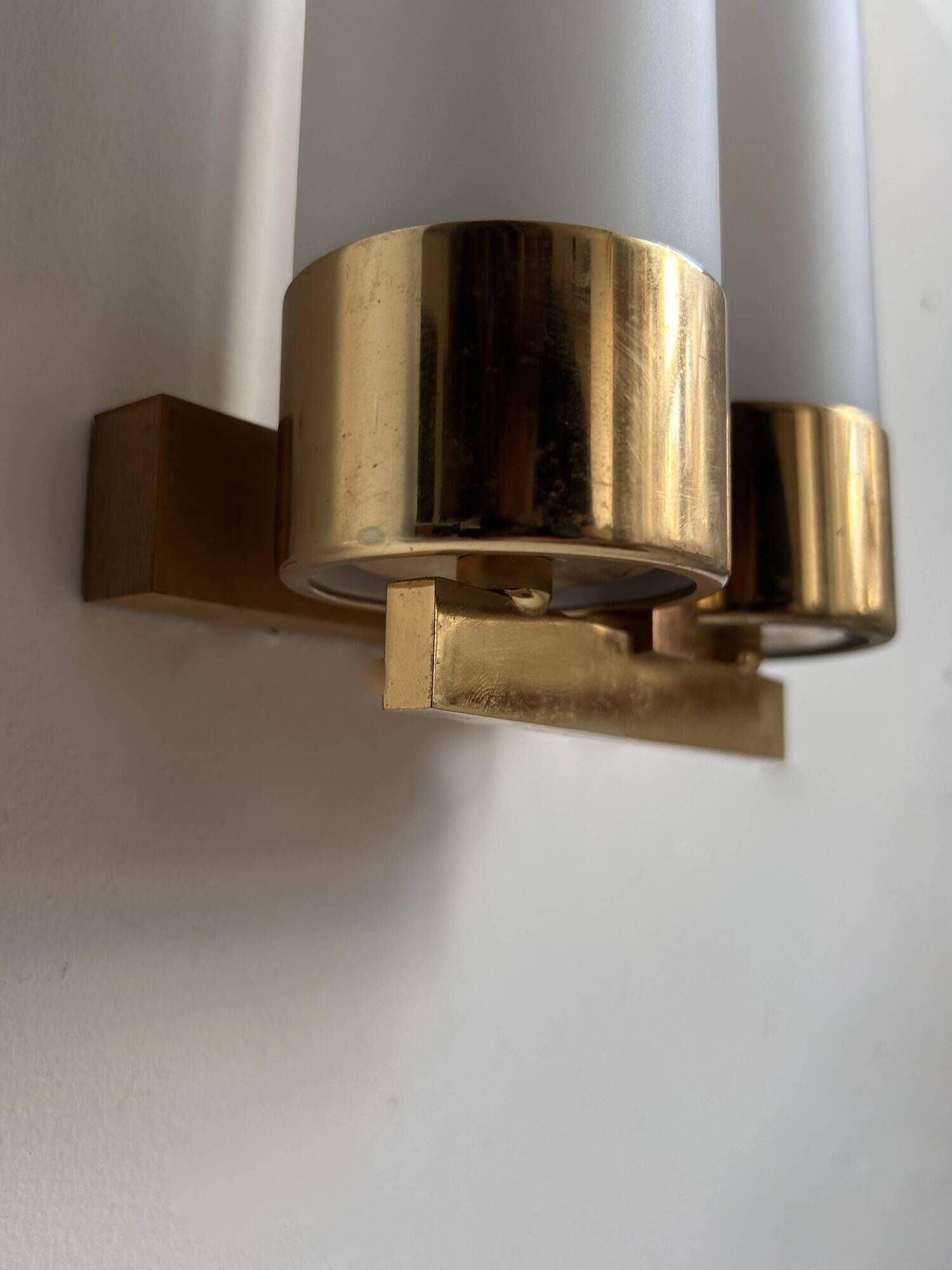 Vintage double wall lamp, brass and opaline, Leuchten Neuhaus Germany 1960