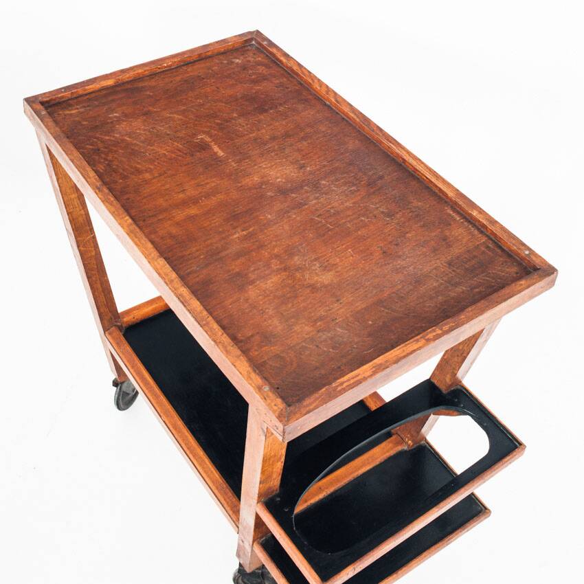 Vintage oak bar cart with removable tray. France 1950s.