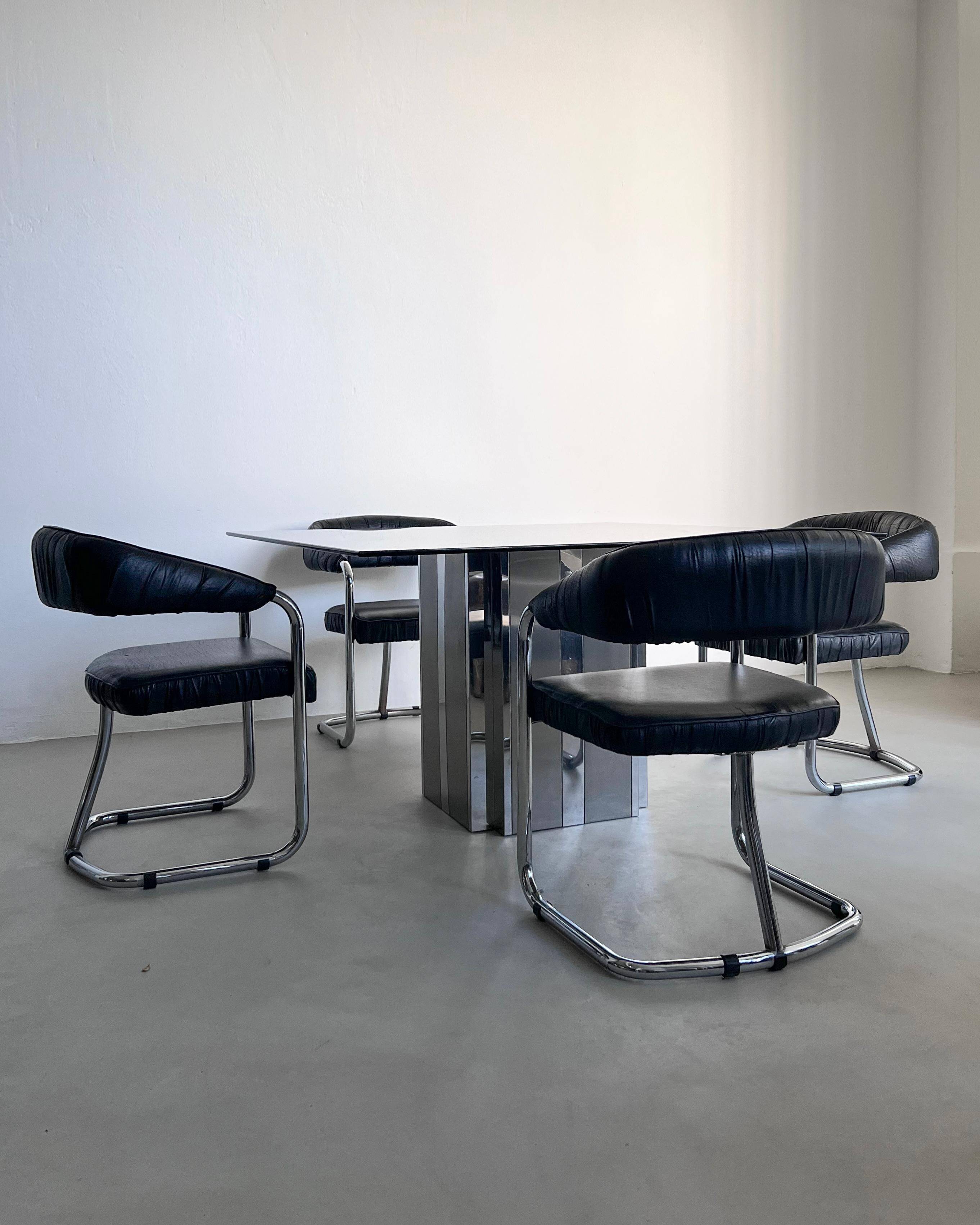 Square Dining Table in Metal and Smoked Glass, 1970's Paul Evans Style