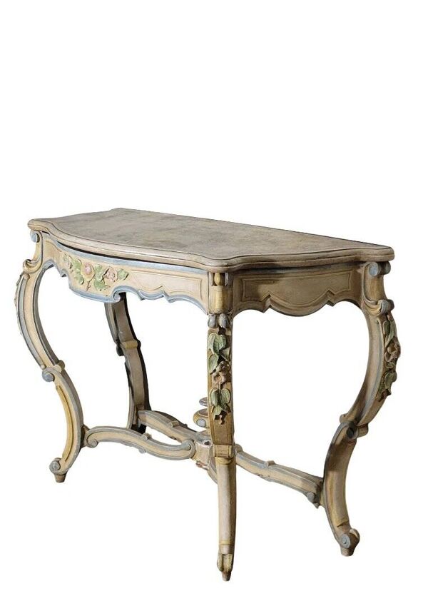 Console italienne peinte et sculptée – Plateau bois en faux semblant de marbre – XIXe siècle