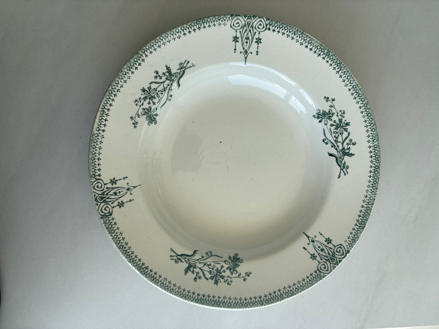 A deep plate in blue and green ironstone, antique French earthenware.