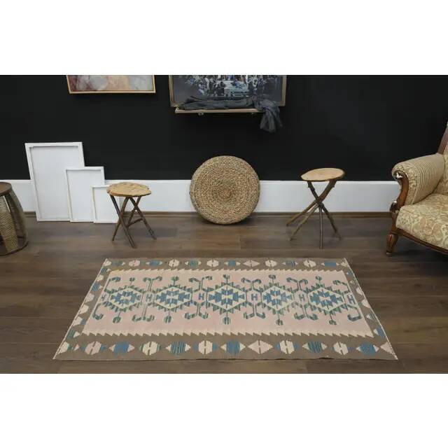 1970s Vintage Turkish Oushak Handmade Wool Cotton Pink Runner Rug 93x176