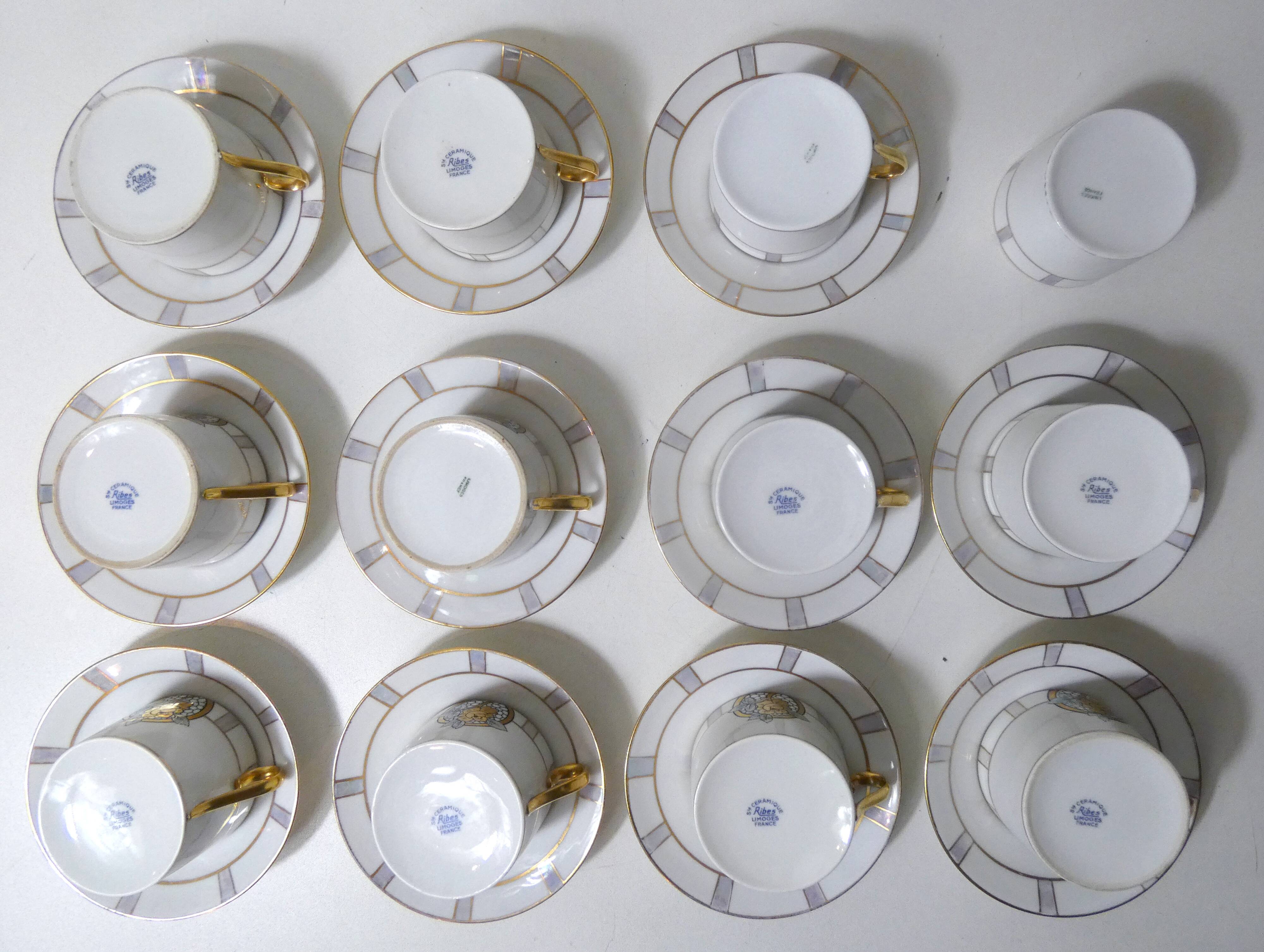 Limoges Ribes porcelain tea and coffee service, gold, silver, iridescent mother-of-pearl, Art Deco