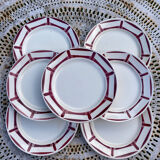 7 flat plates in white and red burgundy porcelain vintage Badonviller model Louise