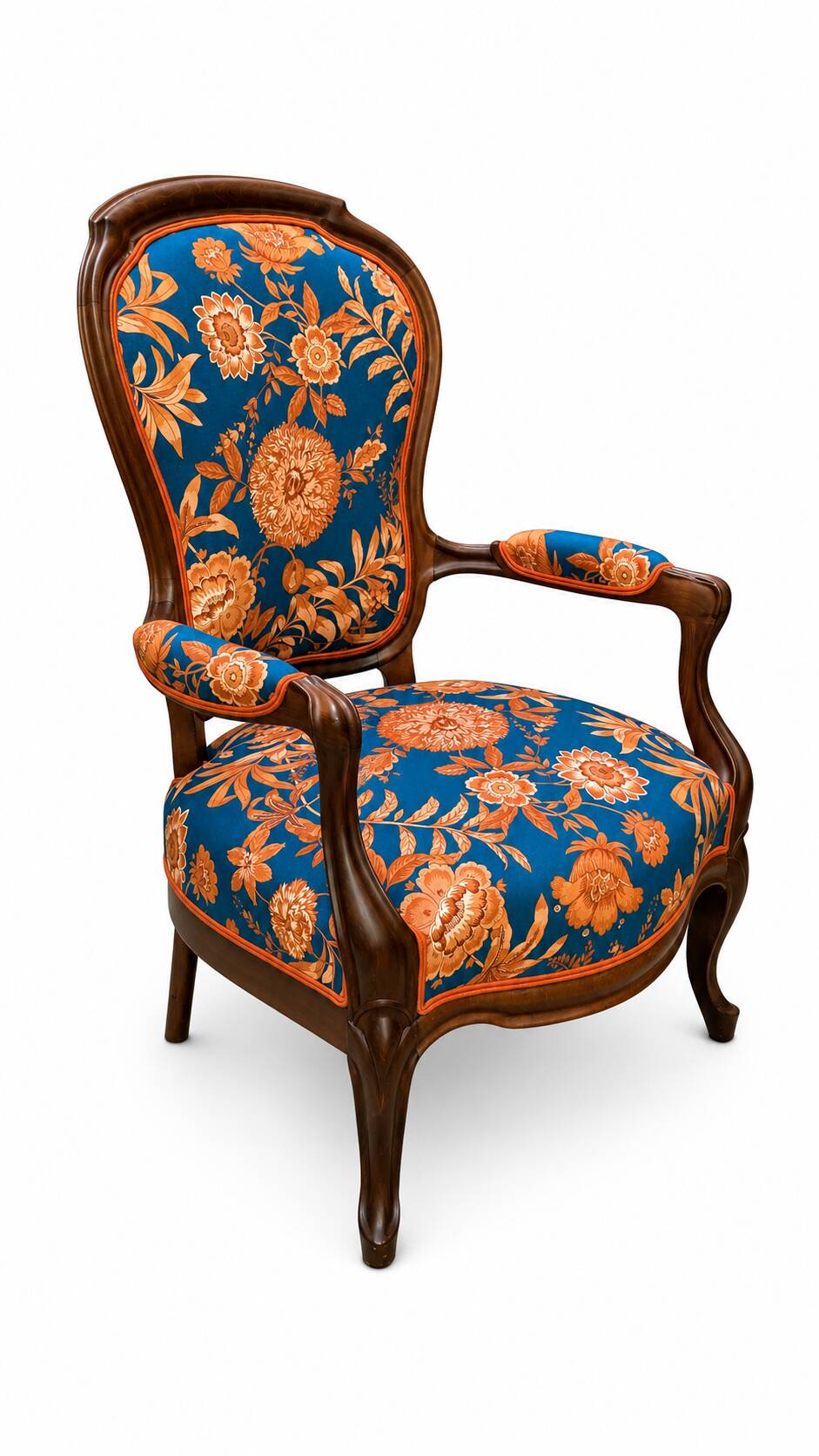 Restored Louis-Philippe cabriolet armchair, blue and orange floral fabric.