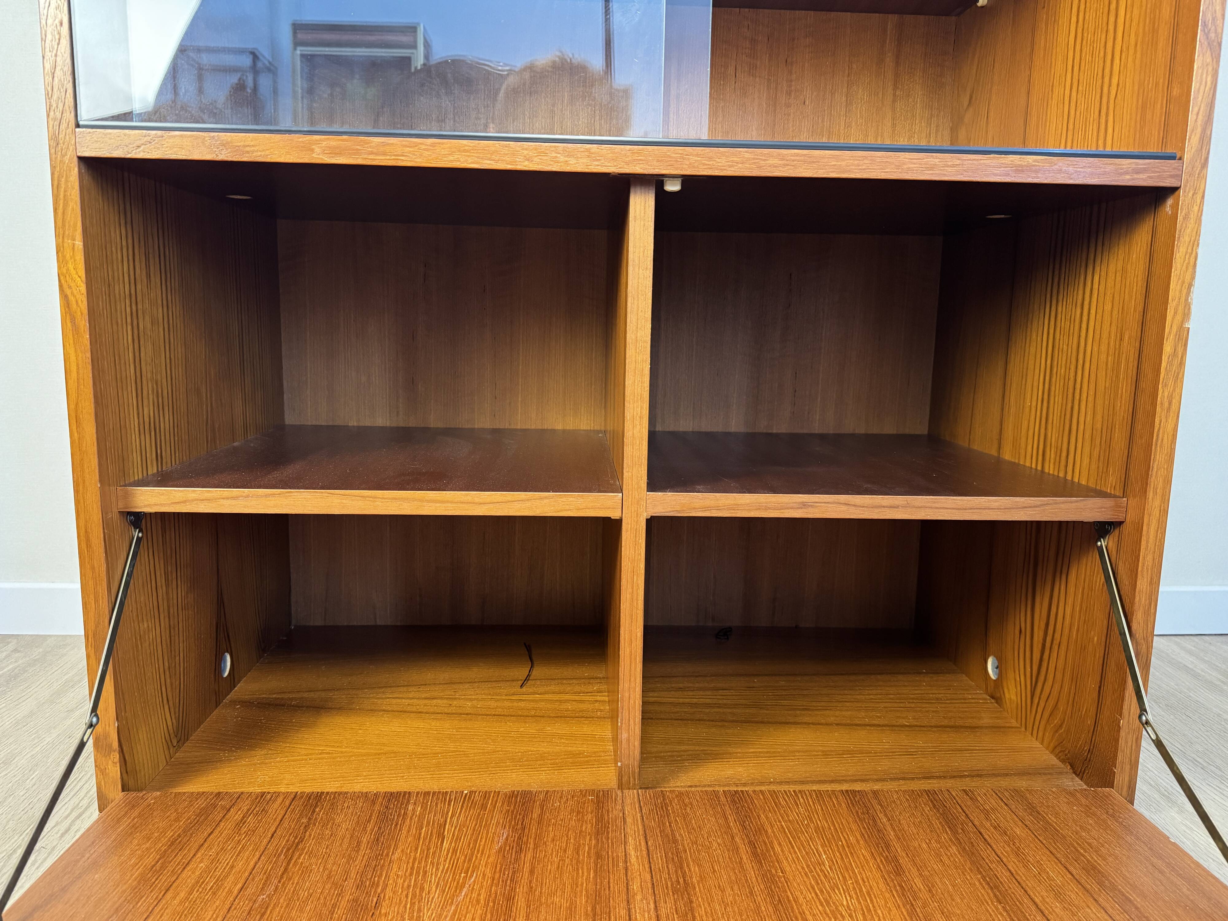 Teak furniture — sliding display cabinet + drop-down door