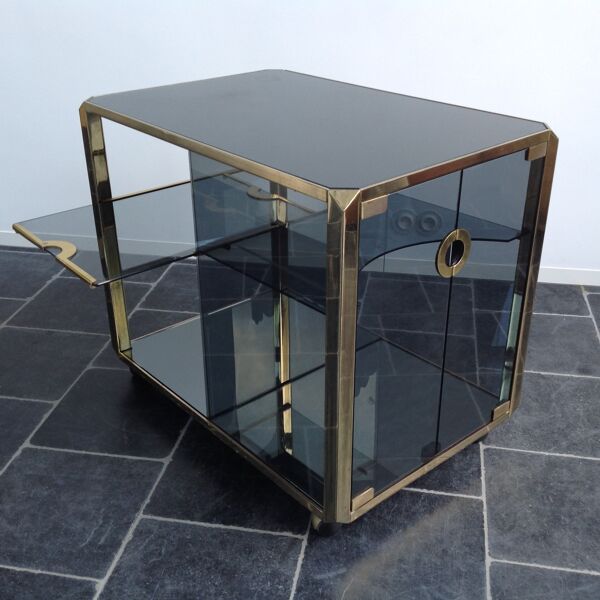Chariot de bar en laiton et verre fumé par Mario Sabot, 1973