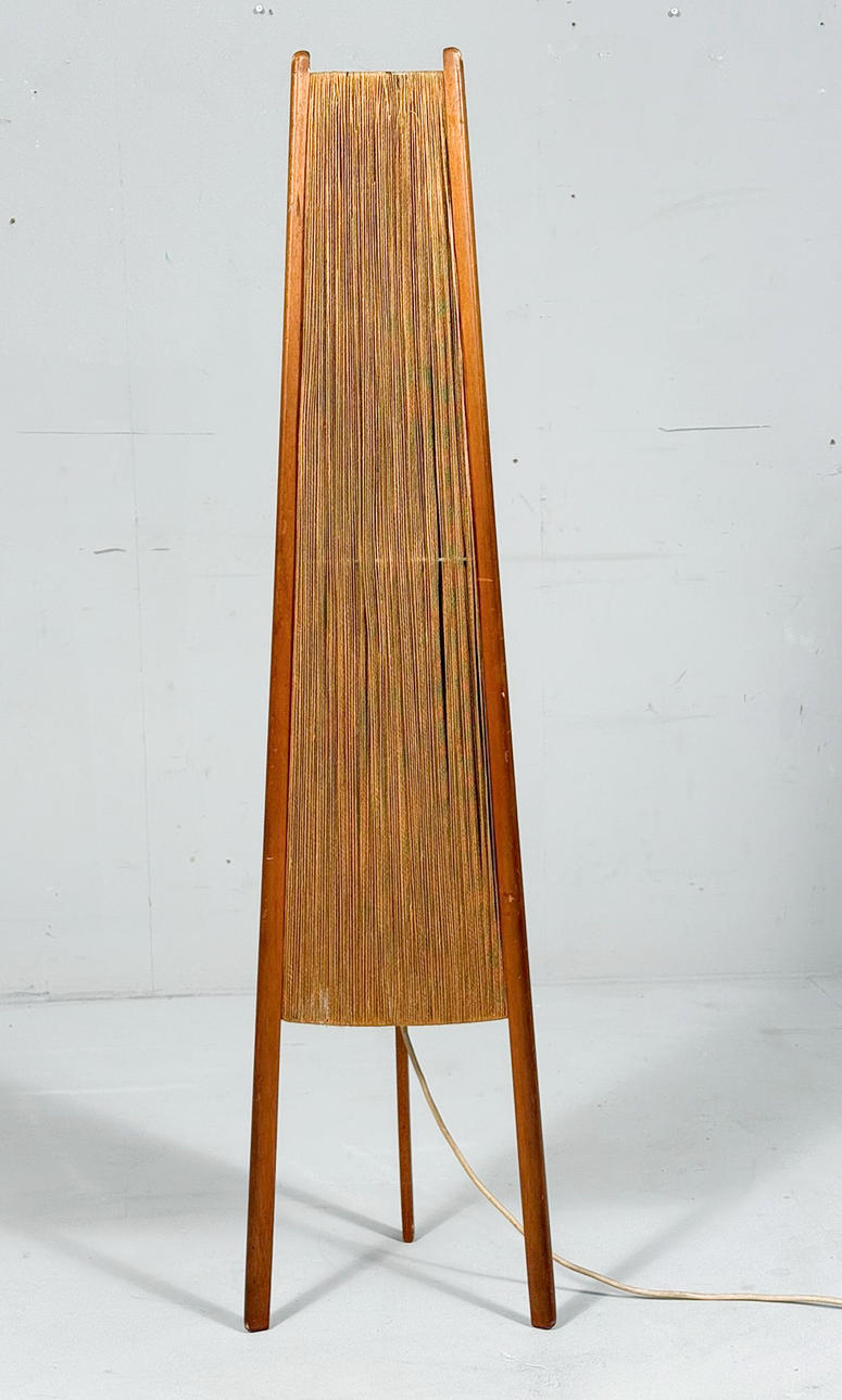 Mid-century floor lamp, sisal/teak wood, Temde, Switzerland, 1960s.