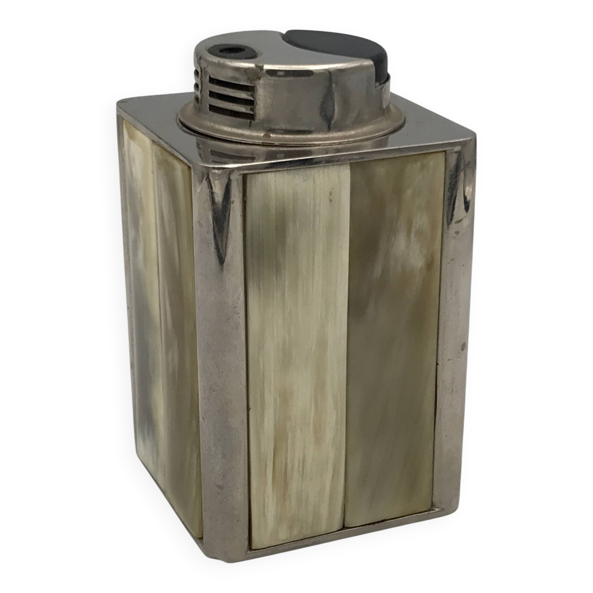 Large Vintage Collection TABLE LIGHTER in chrome-plated metal and horn