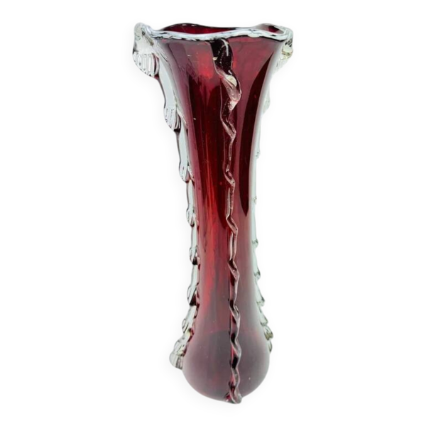 Vase en verre rouge rubis 50 cm décor appliqué clair style Murano