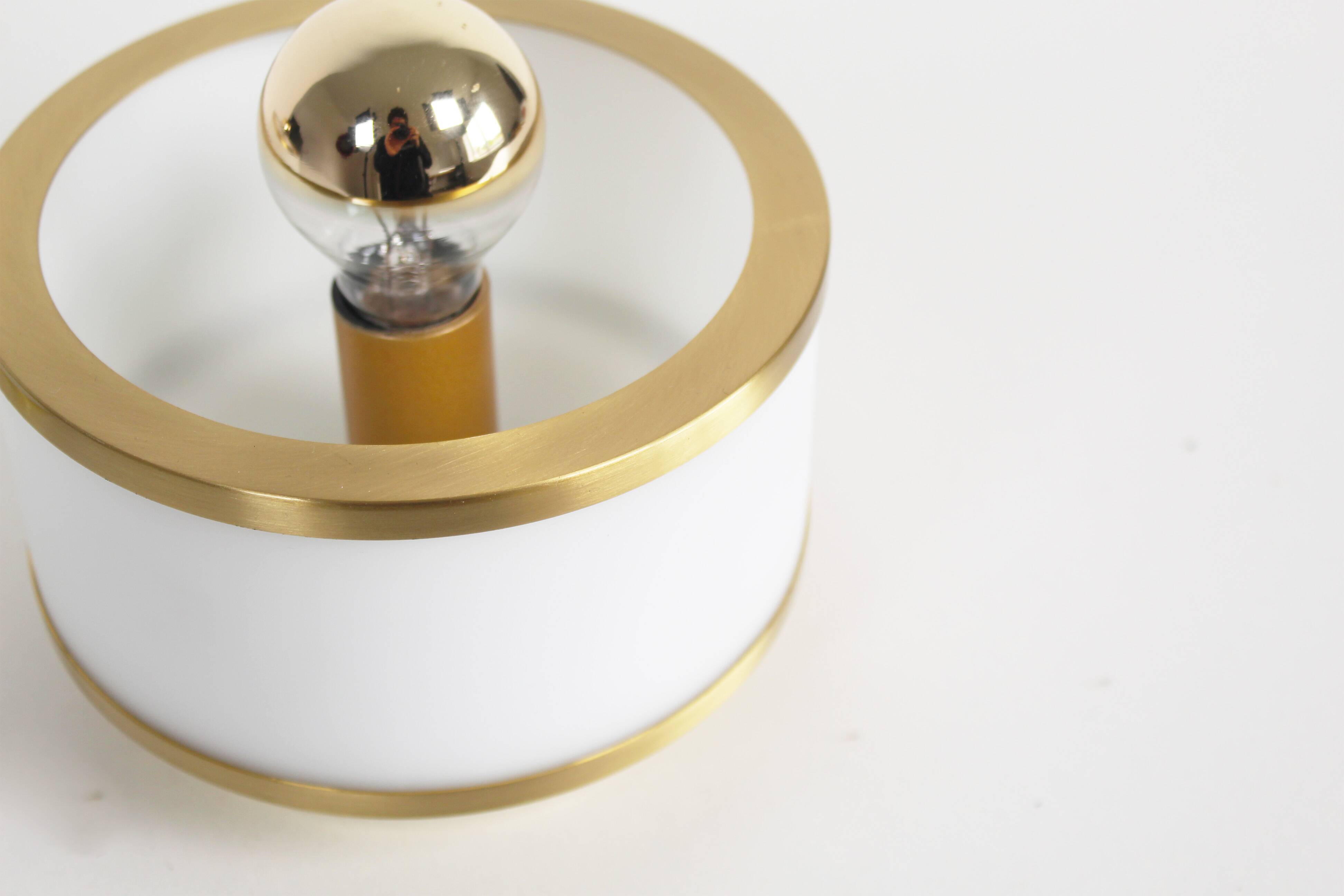 Pair of vintage 1980's opaline glass and brushed brass wall lights