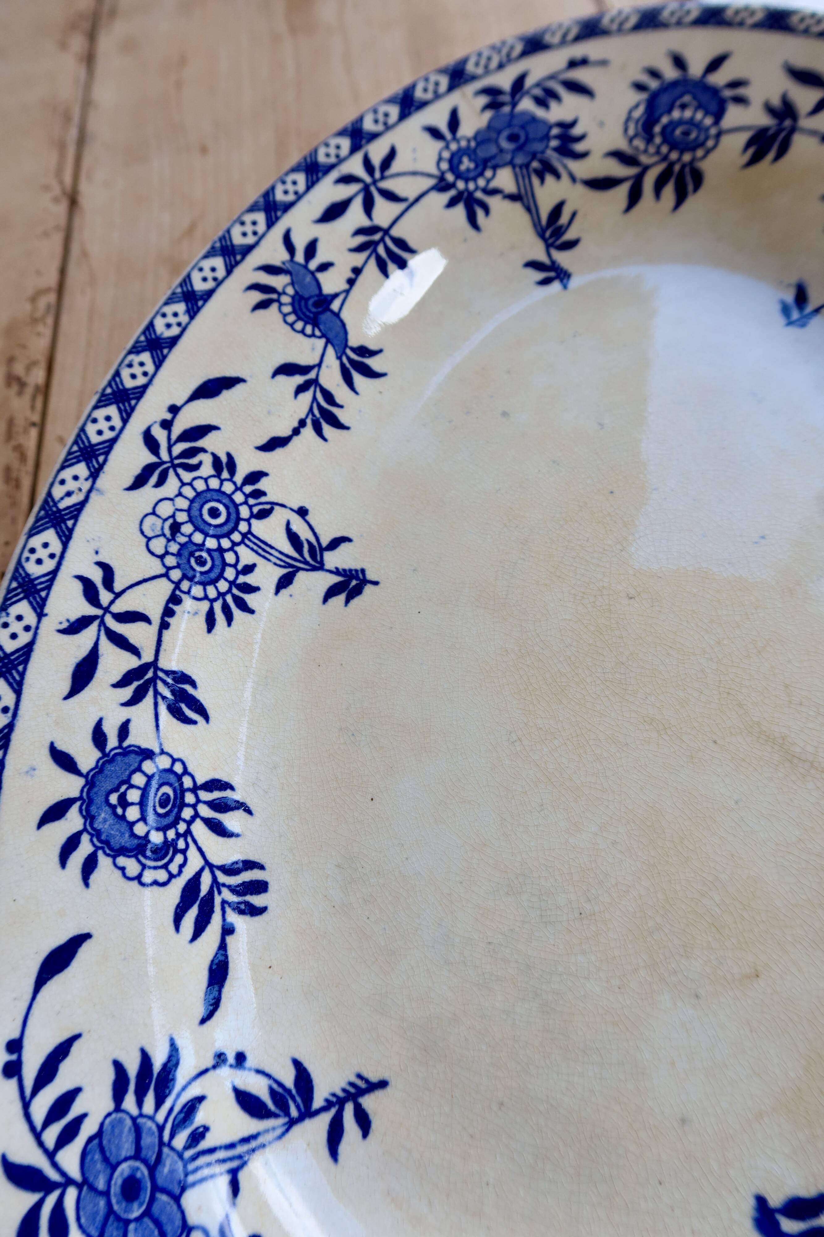 Large oval antique plate, blue and white Dresden porcelain.