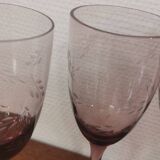 3 purple crystal flutes with finely engraved patterns from the 70s
