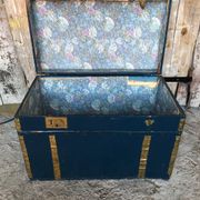 Old vintage blue & gold wood storage chest #a127