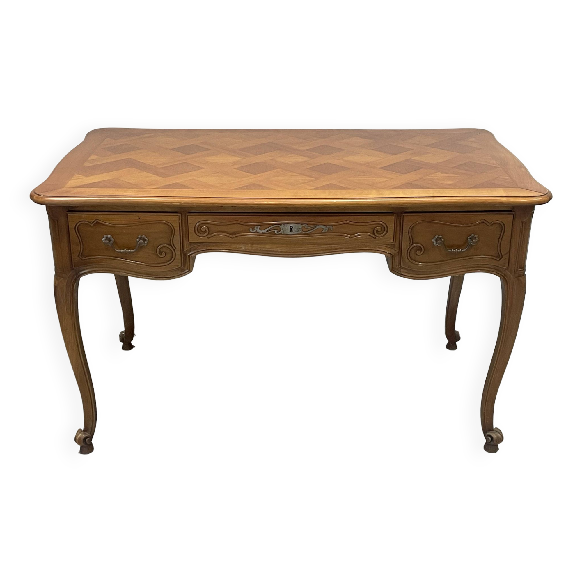 Louis XV style desk, natural wood and marquetry top