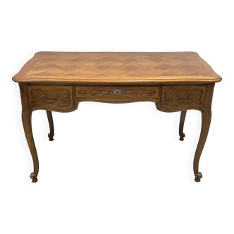 Louis XV style desk, natural wood and marquetry top