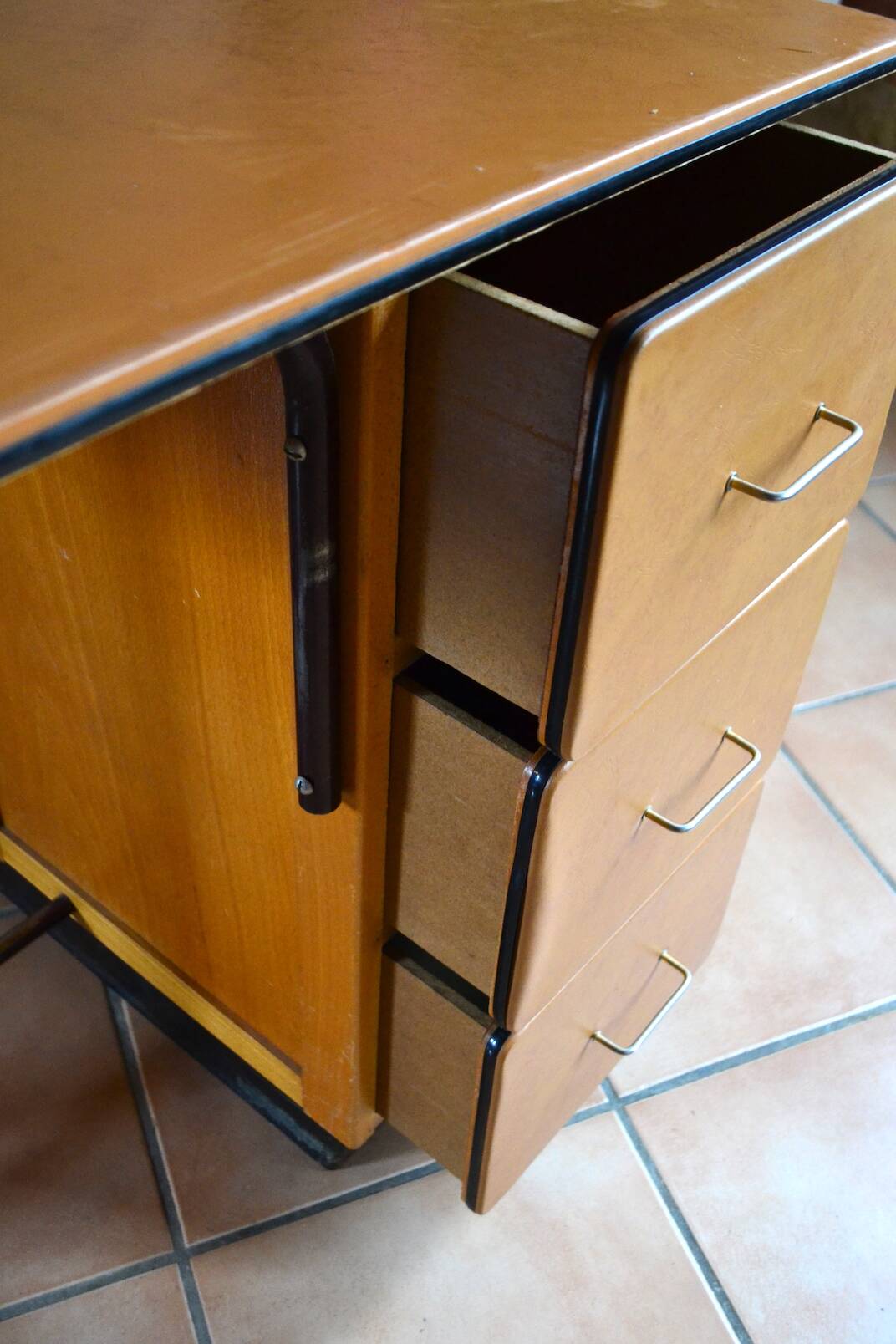 Beech desk with orange faux leather, 3 drawers, 1960s-70s.