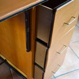 Beech and orange leatherette desk with 3 drawers, 60s/70s