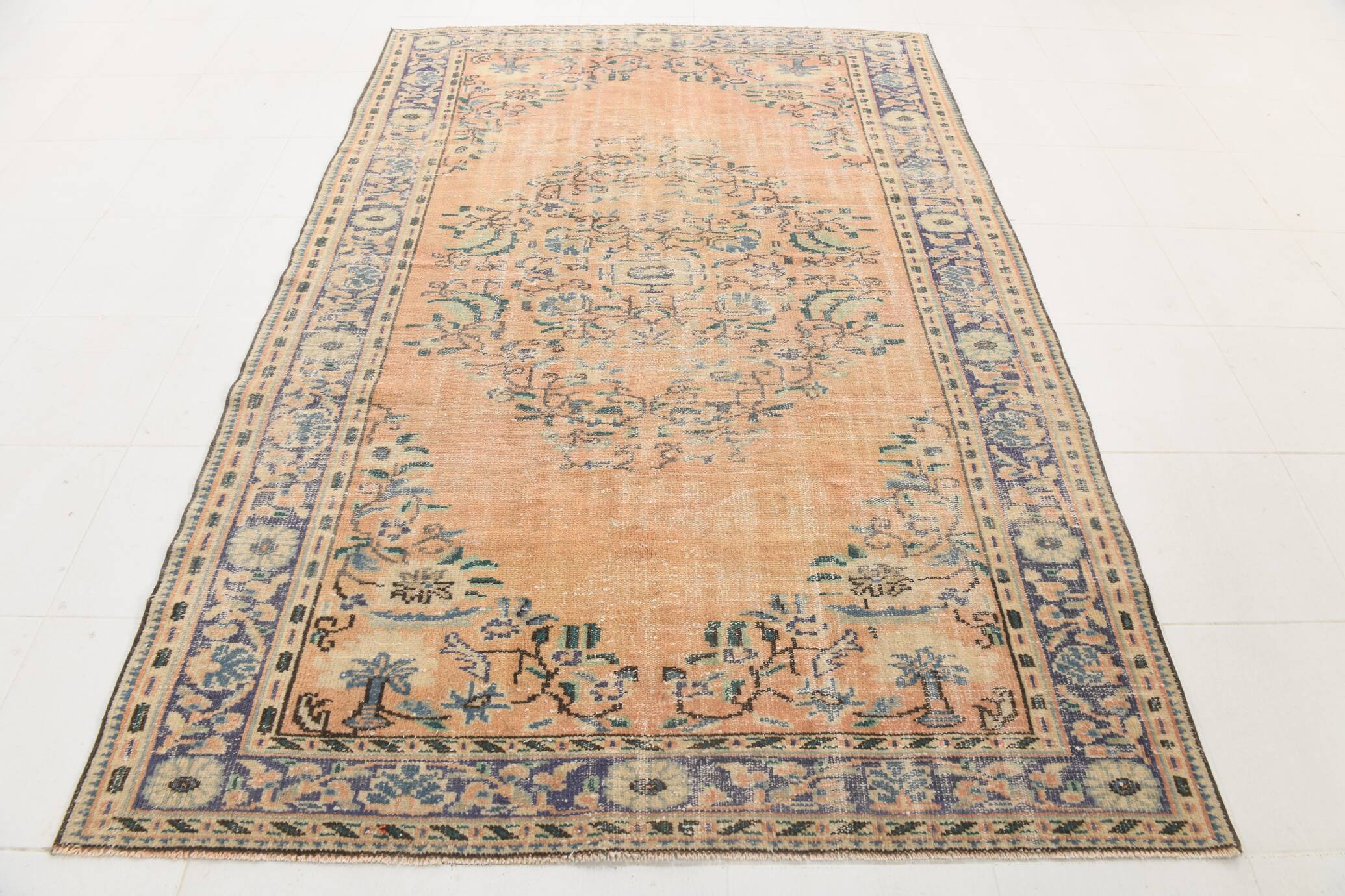 6x9 Vintage Orange & Blue Floral Pattern Turkish Vintage Rug, 180x275 Cm