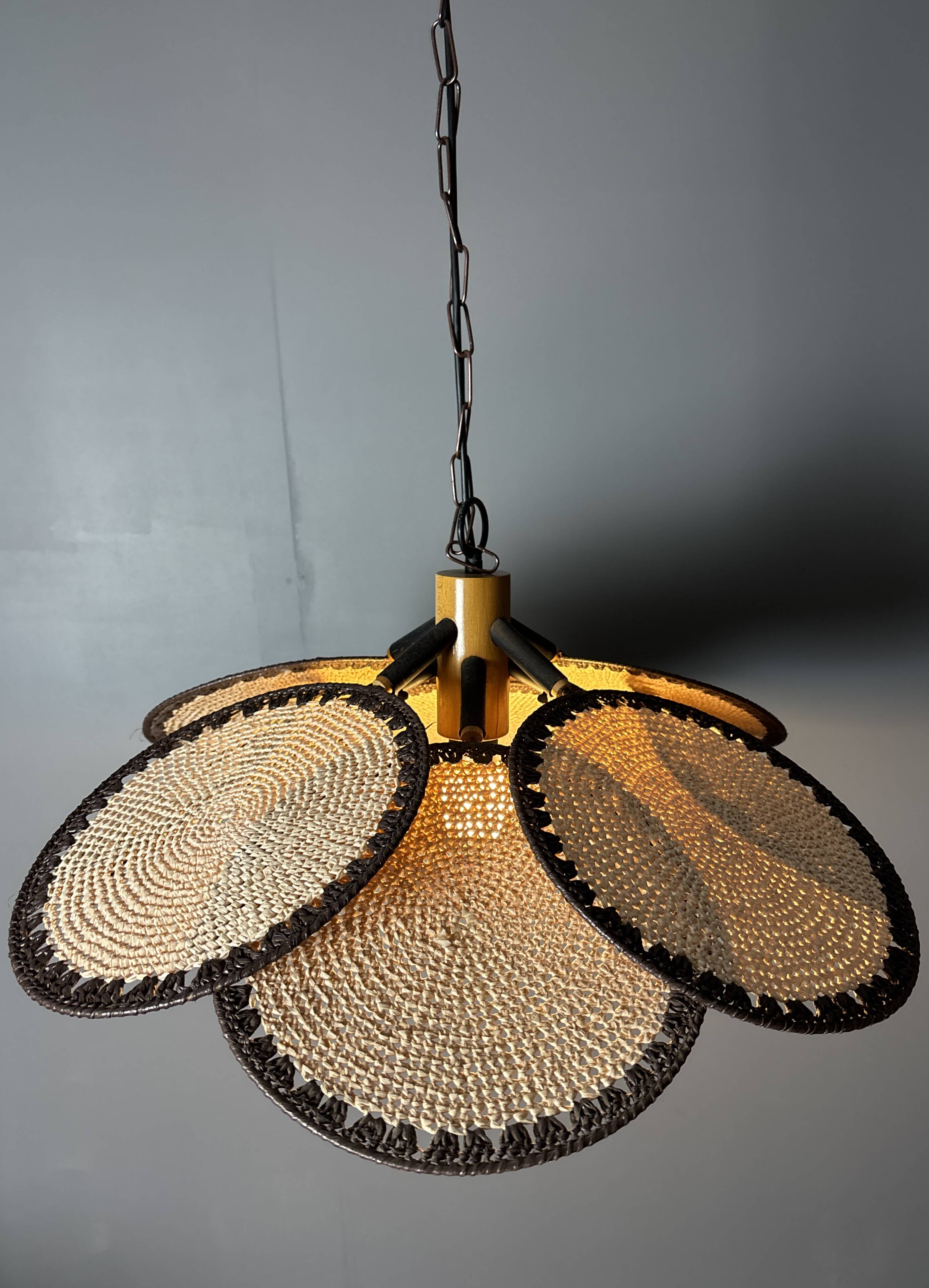 Midcentury uchiwa fan macrame fiber rattan hanging pendant lamp, 1970s