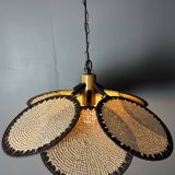Midcentury uchiwa fan macrame fiber rattan hanging pendant lamp, 1970s