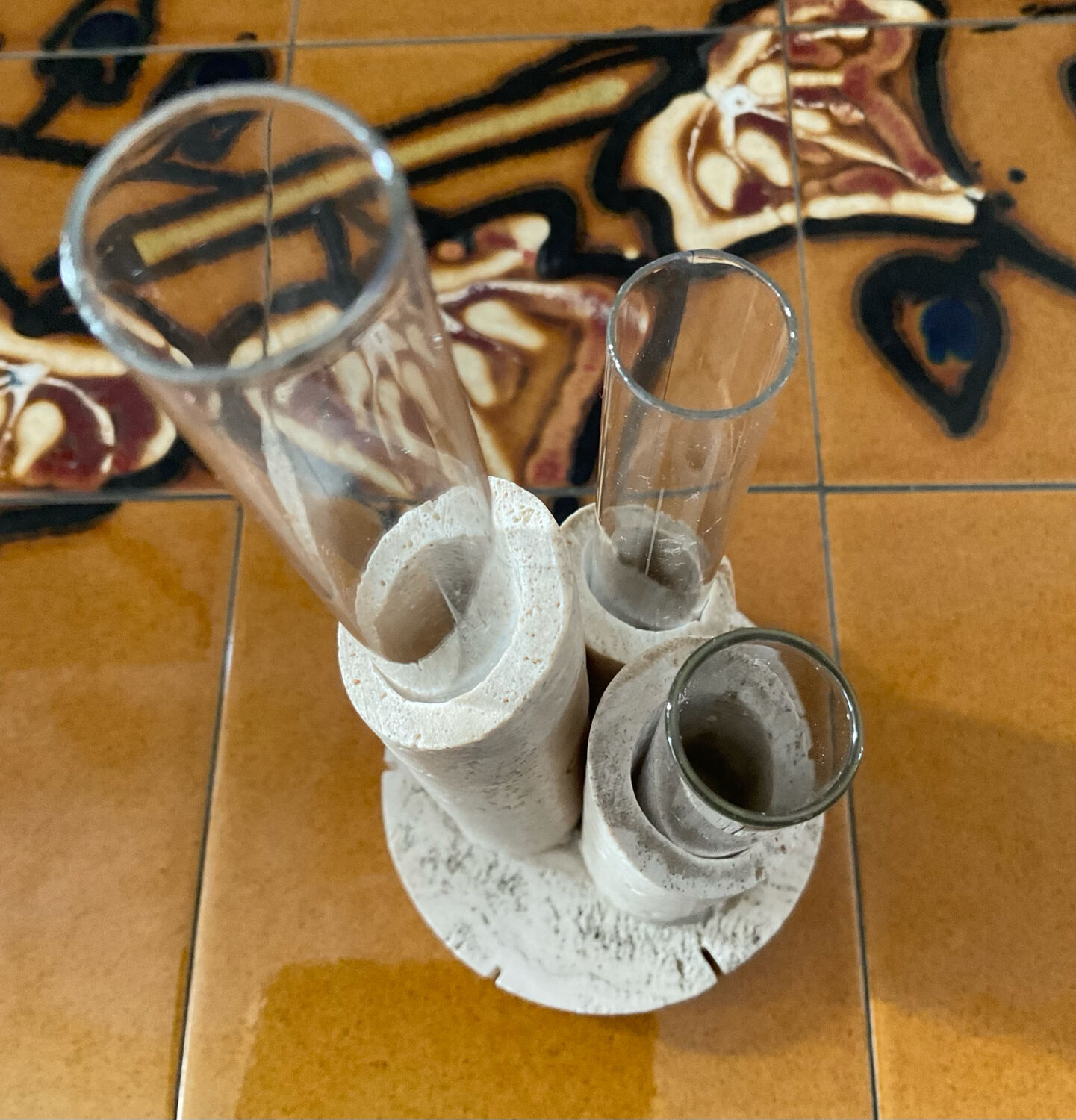 Vintage soliflore vase in travertine and glass