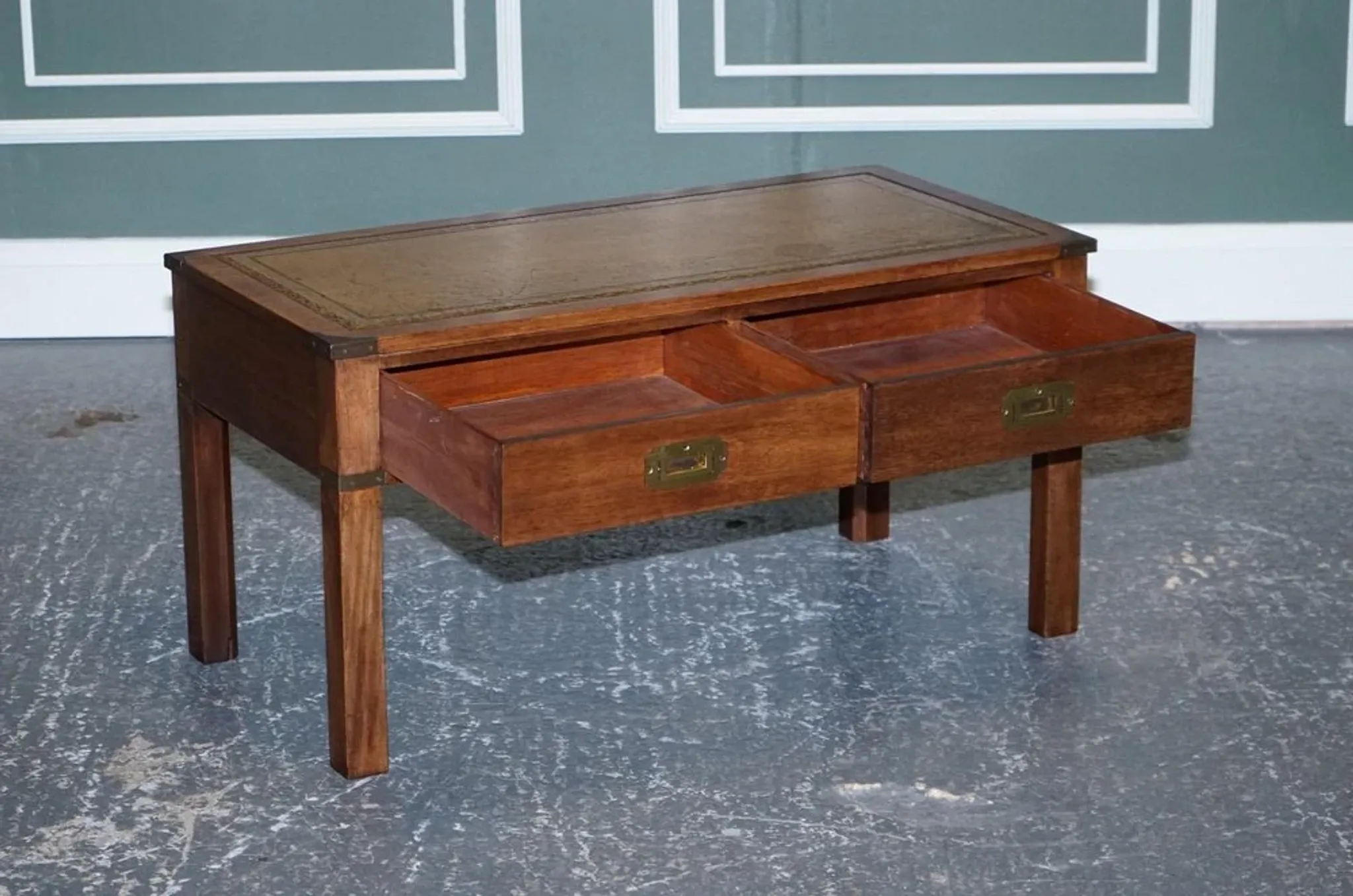 Coffee Table Military Campaign with Brown Leather Top from Harrods London