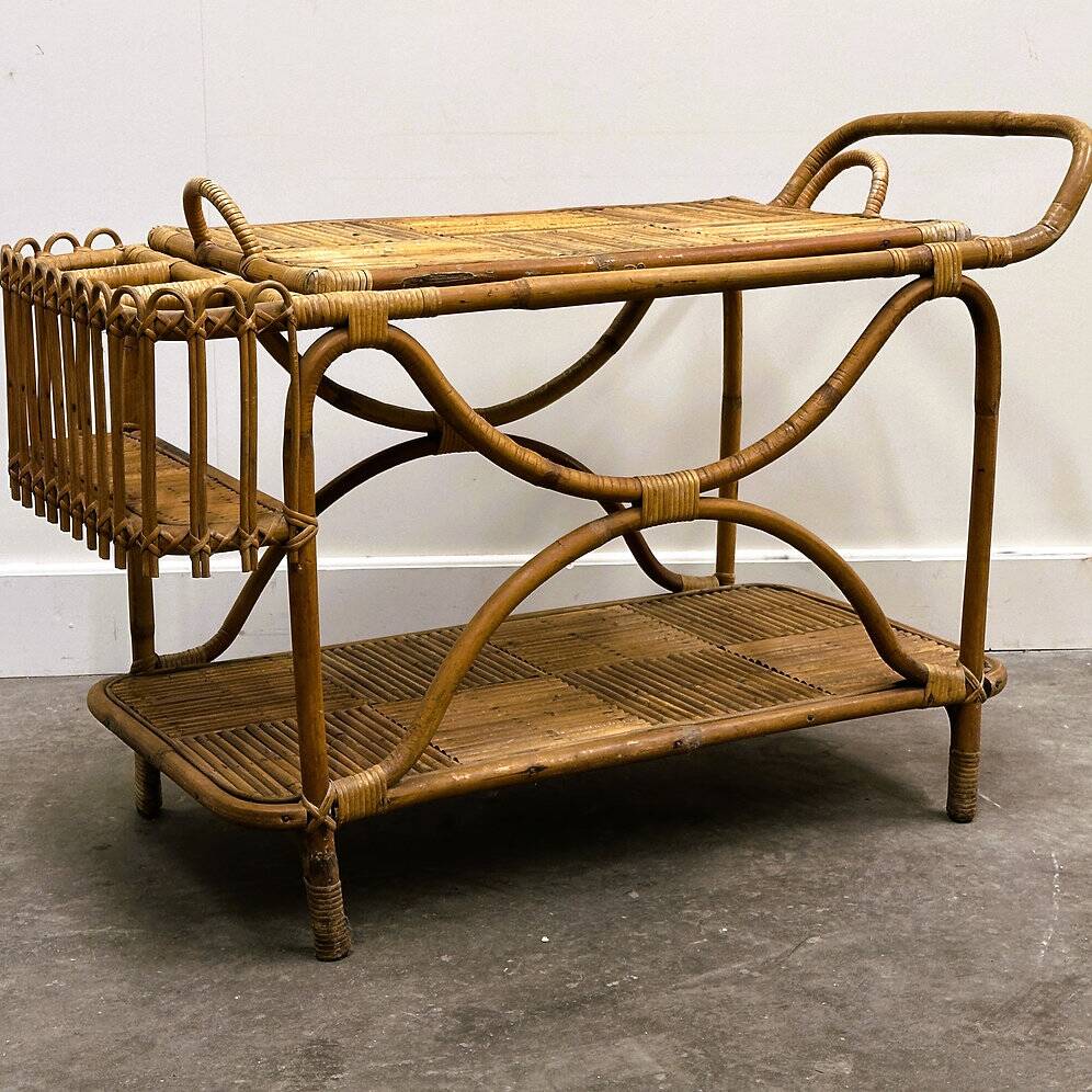 Rare large French Riviera rattan bar cart with bottle holder, 1960s