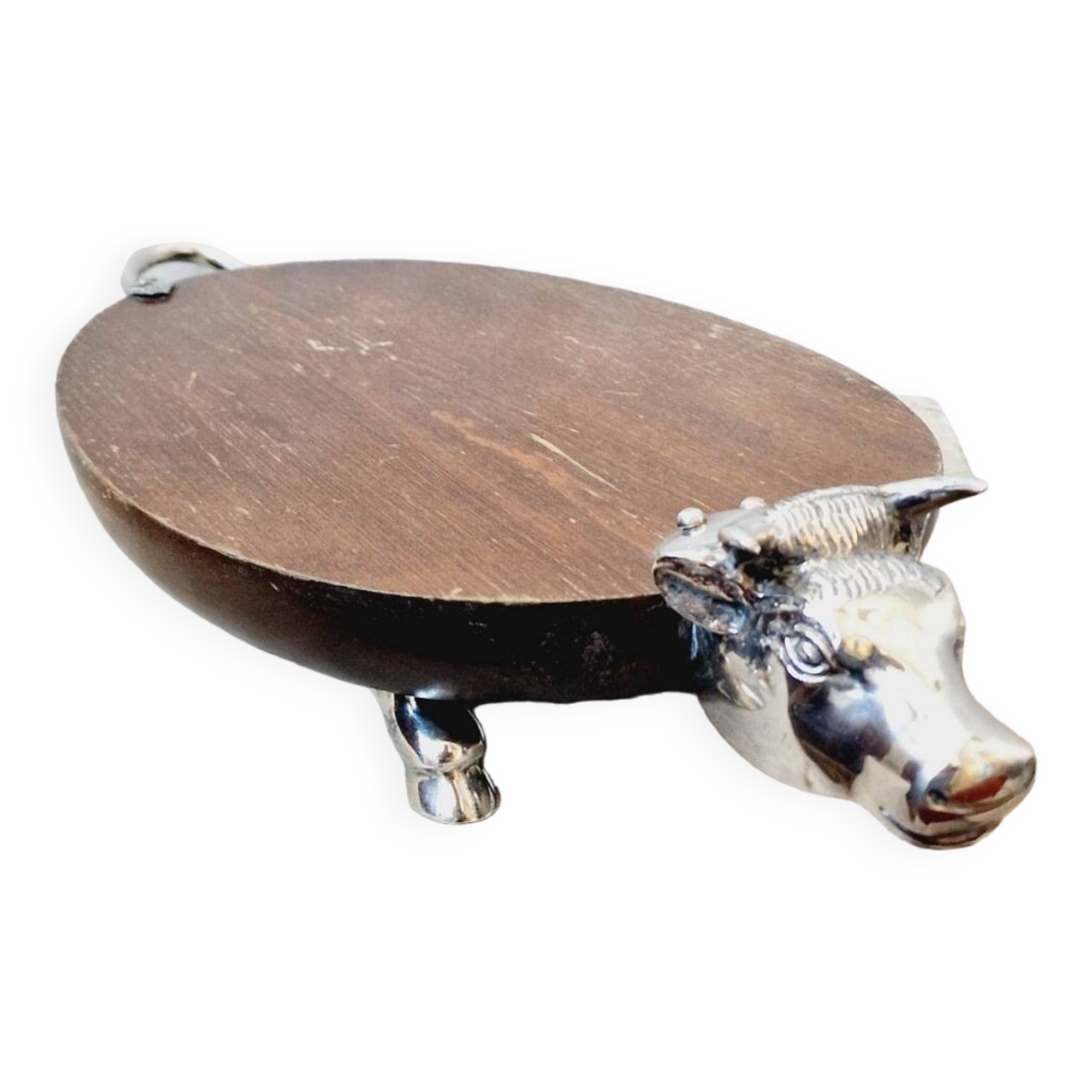 Plat à charcuterie vache métal argenté et bois