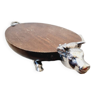 Plat à charcuterie vache métal argenté et bois