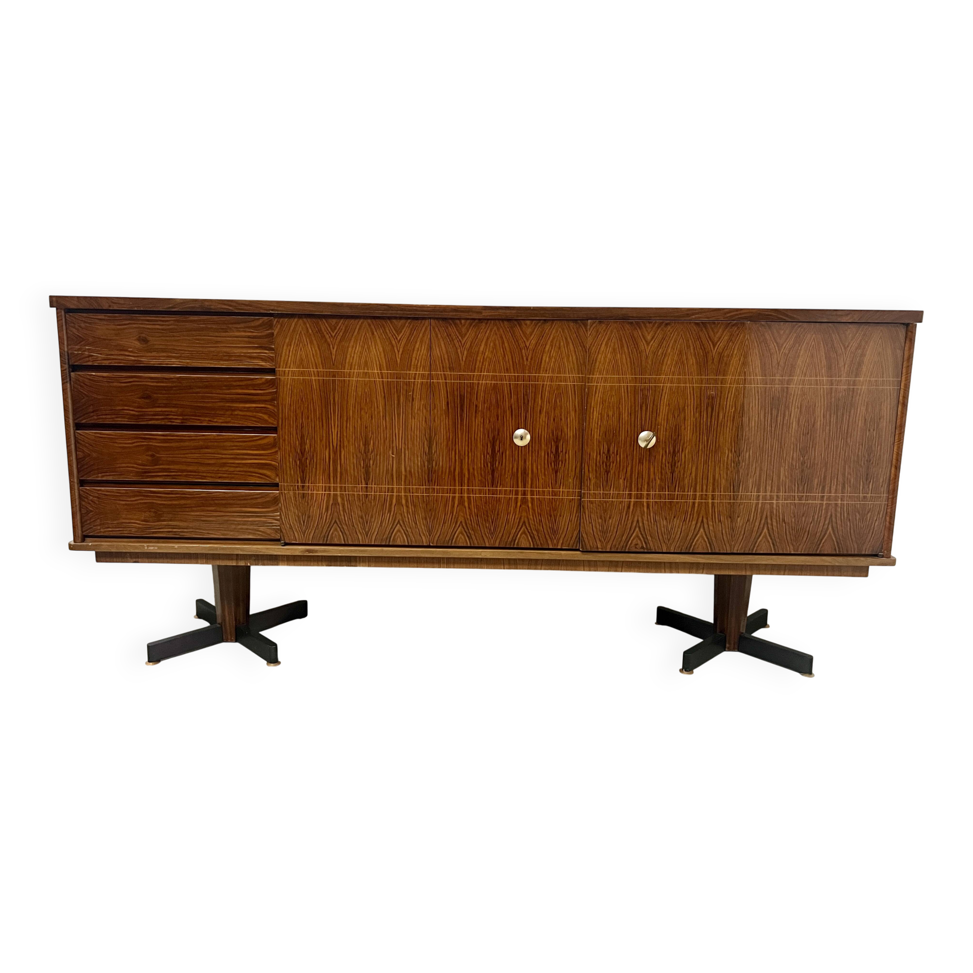 Scandinavian enfilade in veneered wood with iron legs, 20th century.