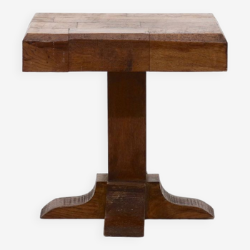 Brutalist Solid Oak Plant Table with Decorative Base 1950s