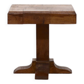 Brutalist Solid Oak Plant Table with Decorative Base 1950s