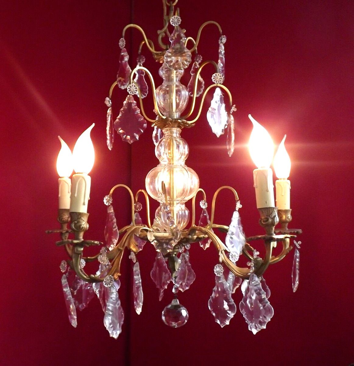 French antique 5 light brass crystal & glass acanthus leaf chandelier