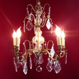 French antique 5 light brass crystal & glass acanthus leaf chandelier