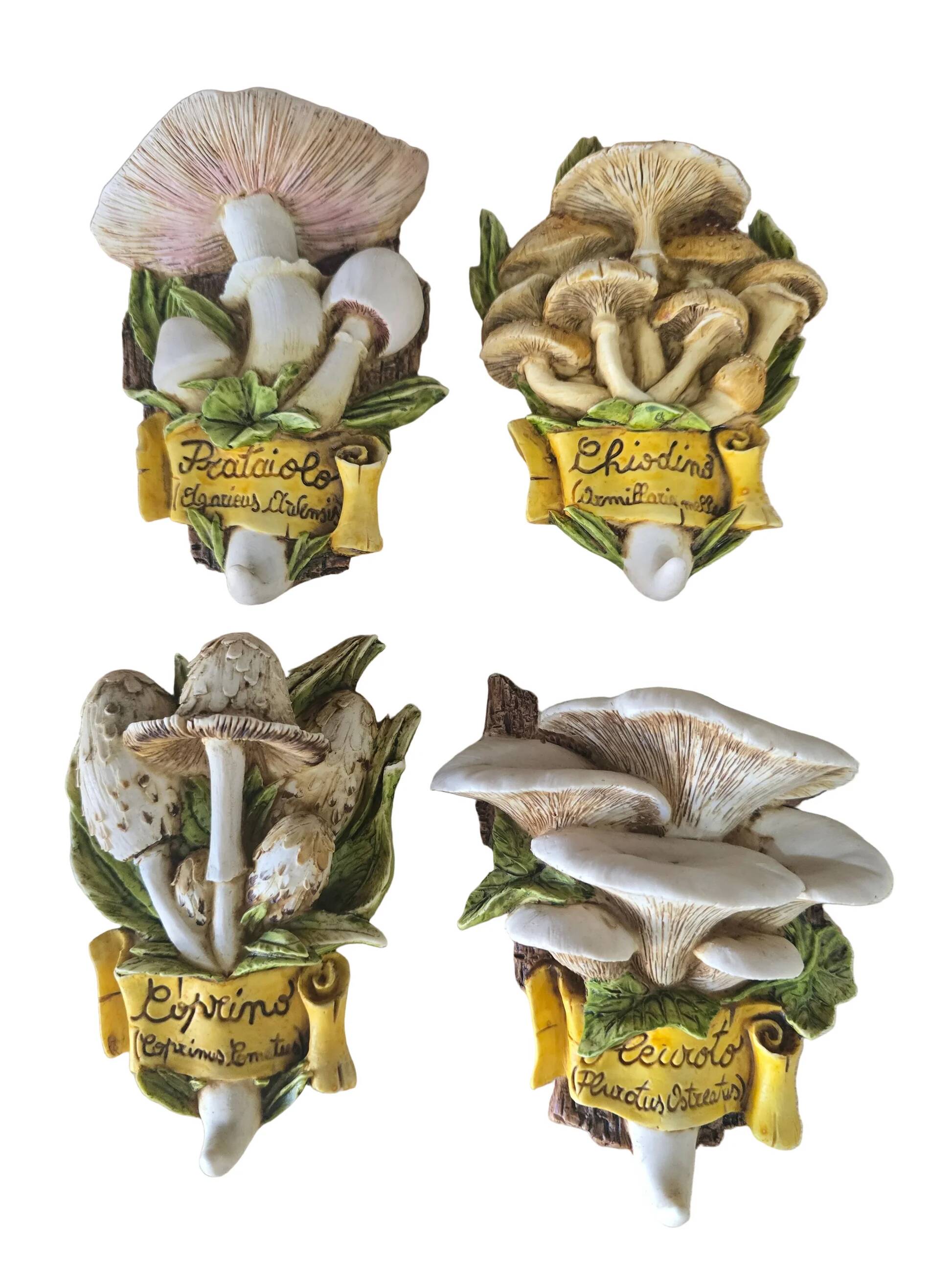 Set of 4 decorative ceramic wall plaques featuring mushrooms (signed) - 14cm