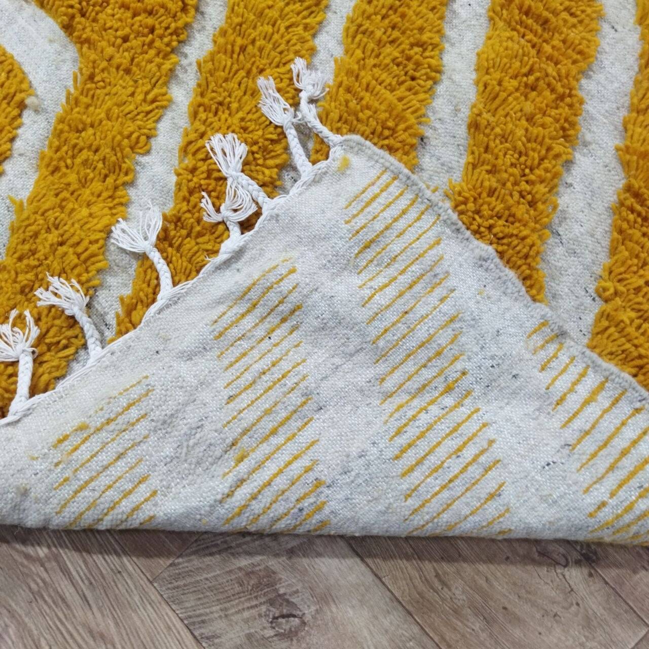 Large Moroccan Berber rug in mustard yellow and ecru, 293 x 200 cm.