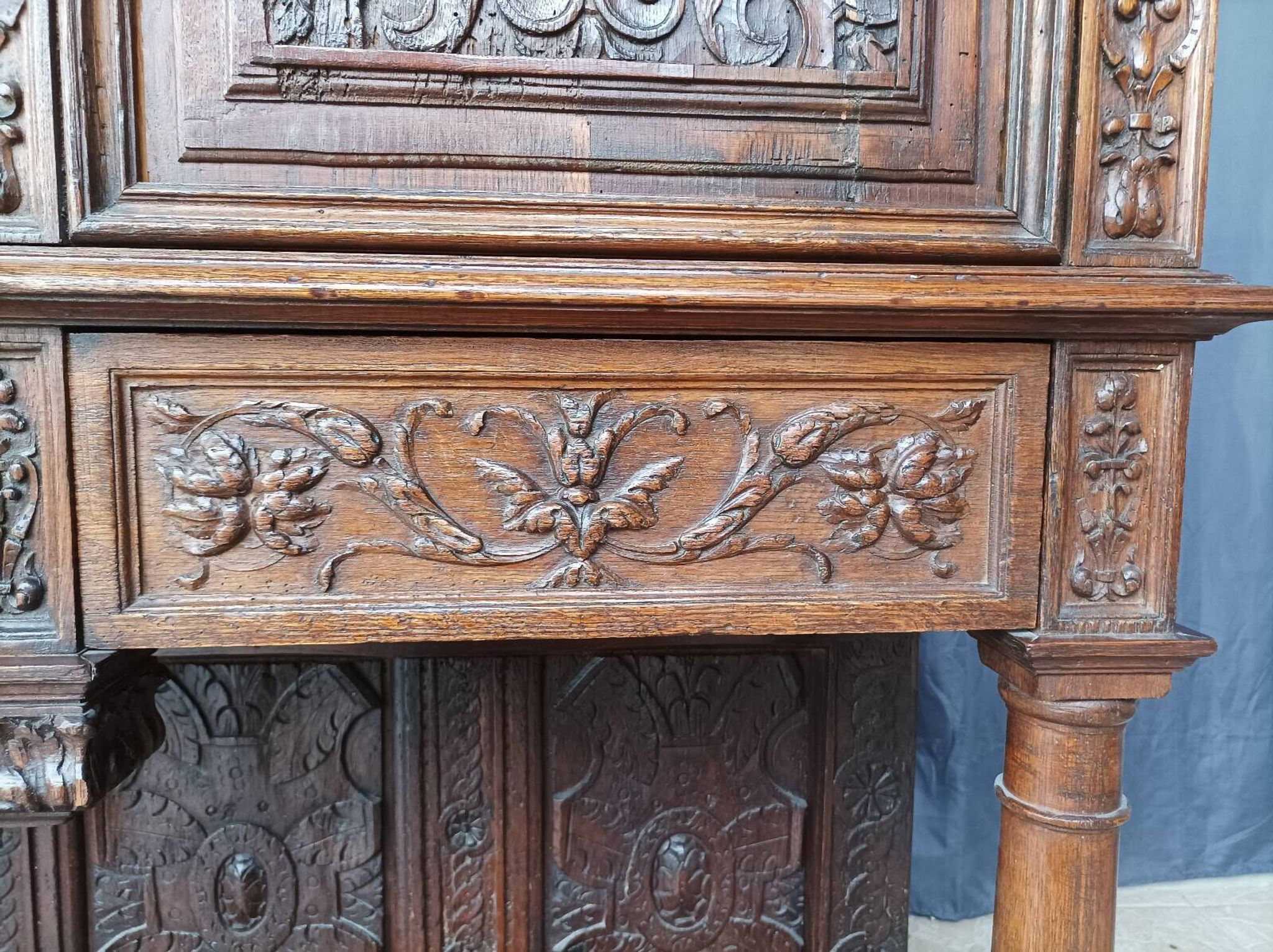 Renaissance oak carved buffet cabinet