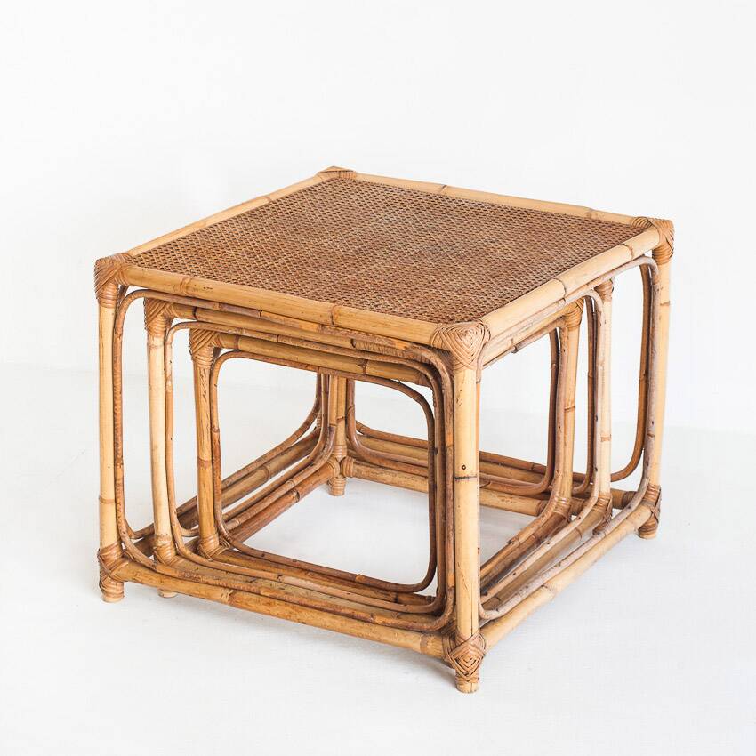 Set of three vintage nesting tables in cane. France, 1960s