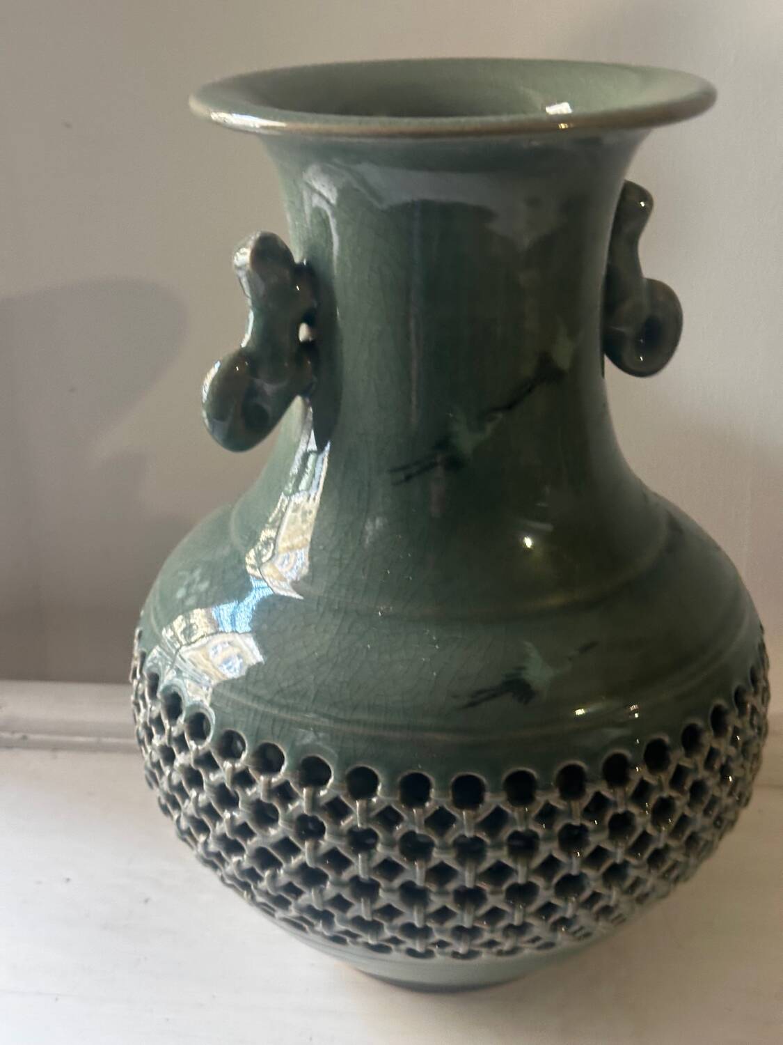 Celadon vase with openwork cranes H 29 cm